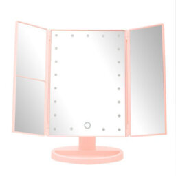 Orsina Portable Tri Fold Pink Led Table Mirror, Tri Fold Design Table Mirror, Versatile Small Mirrored Table - thumbnail 1
