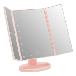 Orsina Portable Tri Fold Pink Led Table Mirror, Tri Fold Design Table Mirror, Versatile Small Mirrored Table - thumbnail 3