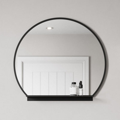 Affine 600mm Round Black Bathroom Mirror With Shelf Framed Wall Hung Modern 4mm Glass - image 1