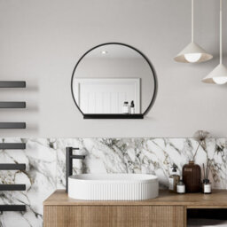 Affine 600mm Round Black Bathroom Mirror With Shelf Framed Wall Hung Modern 4mm Glass - thumbnail 2