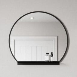 Affine 600mm Round Black Bathroom Mirror With Shelf Framed Wall Hung Modern 4mm Glass