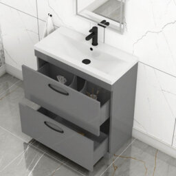 Royal Bathrooms Turin Indigo Grey Gloss 800mm Floor Standing Vanity Unit 2 Drawer With Mid-Edge Basin Sink & Matt Black Handles - thumbnail 3