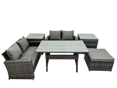 Fimous 5 Seater Wicker Pe Rattan Furniture Outdoor Dining Table Double Seat Sofa 2 Side Table Big Stool Set Dark Grey Mixed - image 1