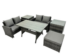 Fimous 5 Seater Wicker Pe Rattan Furniture Outdoor Dining Table Double Seat Sofa 2 Side Table Big Stool Set Dark Grey Mixed - thumbnail 2