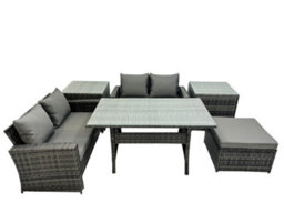 Fimous 5 Seater Wicker Pe Rattan Furniture Outdoor Dining Table Double Seat Sofa 2 Side Table Big Stool Set Dark Grey Mixed - thumbnail 1