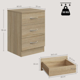 Homcom Modern 3 Drawers Side Table, Bedside Table With Wood Effect, Oak - thumbnail 3