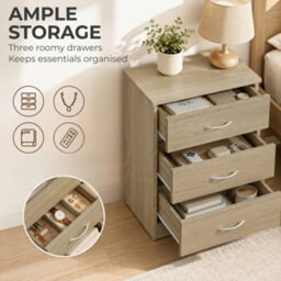 Homcom Modern 3 Drawers Side Table, Bedside Table With Wood Effect, Oak - thumbnail 4