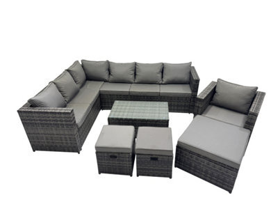 Fimous Outdoor Rattan Rectangular Coffee Table Corner Sofa Sets Garden Furniture Set With 2 Small Stools Dark Grey Mixed - image 1