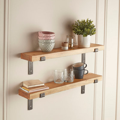 Off The Grain Wooden Shelves - Pack Of 2 Wall Mounted Shelves With Lipped Brackets - 30Cm - image 1
