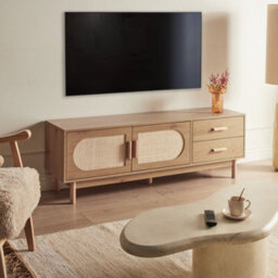 Wyld And Coco Living Boho Tv Stand For Tvs Up To 70 Inches, Light Brown With Rattan Fronts - thumbnail 2