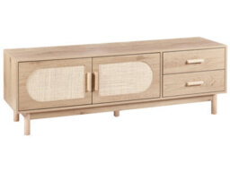 Wyld And Coco Living Boho Tv Stand For Tvs Up To 70 Inches, Light Brown With Rattan Fronts - thumbnail 1