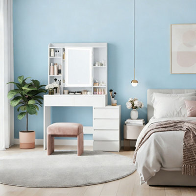 Ledrem Makeup Desk With Lighed Mirror, Dressing Table With Adjustable Shelves, 40 X 98.3 X 145 Cm, White - image 1