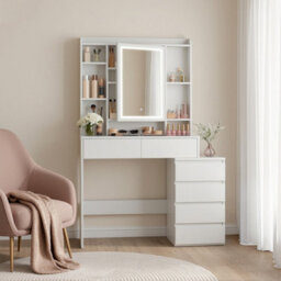 Ledrem Makeup Desk With Lighed Mirror, Dressing Table With Adjustable Shelves, 40 X 98.3 X 145 Cm, White - thumbnail 2