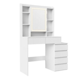Ledrem Makeup Desk With Lighed Mirror, Dressing Table With Adjustable Shelves, 40 X 98.3 X 145 Cm, White - thumbnail 3