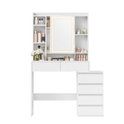 Ledrem Makeup Desk With Lighed Mirror, Dressing Table With Adjustable Shelves, 40 X 98.3 X 145 Cm, White - thumbnail 4