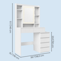Ledrem Makeup Desk With Lighed Mirror, Dressing Table With Adjustable Shelves, 40 X 98.3 X 145 Cm, White - thumbnail 5