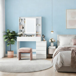 Ledrem Makeup Desk With Lighed Mirror, Dressing Table With Adjustable Shelves, 40 X 98.3 X 145 Cm, White - thumbnail 1