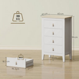 Homcom Bedroom Chest Of Drawers, Modern 4 Drawer Dresser, White - thumbnail 3