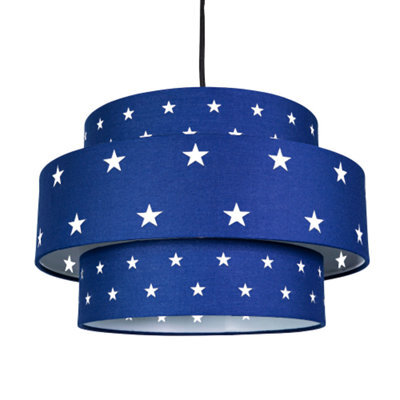 Happy Homewares Triple Tier Midnight Blue Cotton Fabric Childrens Pendant Shade With Stars Decor - image 1