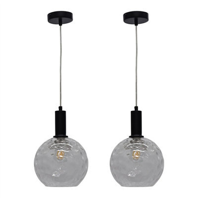 First Choice Lighting Set Of 2 Barnum - Clear Dimple Glass Globe Black Deco Pendant Fittings - image 1