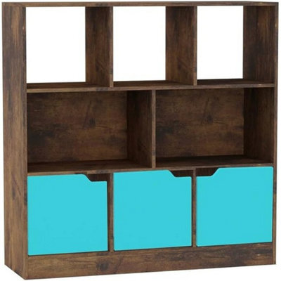 Urbn-Living Urbnliving Asymmetrical 8 Cube Rustic Brown Bookcase Freestanding Storage Unit With 3 Plain Doors - Blue - image 1