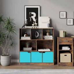 Urbn-Living Urbnliving Asymmetrical 8 Cube Rustic Brown Bookcase Freestanding Storage Unit With 3 Plain Doors - Blue - thumbnail 4