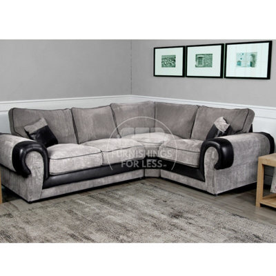 Furnishings For Less UK Large Portland Black And Grey Fabric And Leather 4 Seater L Shaped Corner Sofa Roll Arm Fullback Right Hand Facing