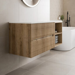Affine 1200mm Bathroom Vanity Unit White Marble Countertop Wall Hung Fluted Oak Unit - thumbnail 2