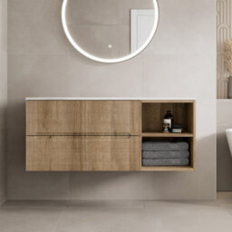Aveli 1200mm Bathroom Vanity Unit White Marble Countertop Wall Hung Fluted Oak Unit