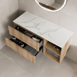 Affine 1200mm Bathroom Vanity Unit White Marble Countertop Wall Hung Fluted Oak Unit - thumbnail 3