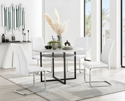 Furniturebox Adley Grey Concrete Effect And Black Round Dining Table With Storage Shelf And 4 White Lorenzo Chairs For Modern Sleek Dining Room - image 1