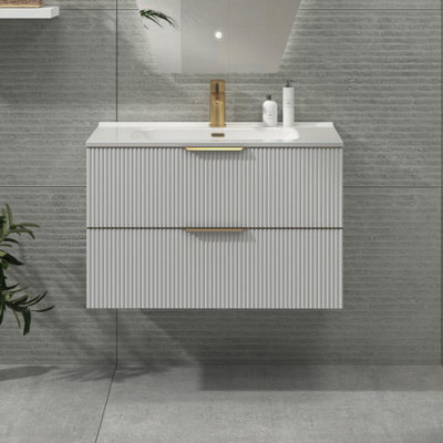 Royal Bathrooms Evora 800mm Matt White Fluted Wall Hung Bathroom Vanity Unit 2 Drawer Cabinet Storage With Ceramic Basin & Brushed Brass Handles - image 1
