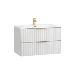 Royal Bathrooms Evora 800mm Matt White Fluted Wall Hung Bathroom Vanity Unit 2 Drawer Cabinet Storage With Ceramic Basin & Brushed Brass Handles - thumbnail 7