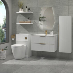 Royal Bathrooms Evora 800mm Matt White Fluted Wall Hung Bathroom Vanity Unit 2 Drawer Cabinet Storage With Ceramic Basin & Brushed Brass Handles - thumbnail 4