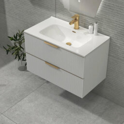 Royal Bathrooms Evora 800mm Matt White Fluted Wall Hung Bathroom Vanity Unit 2 Drawer Cabinet Storage With Ceramic Basin & Brushed Brass Handles - thumbnail 6