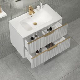 Royal Bathrooms Evora 800mm Matt White Fluted Wall Hung Bathroom Vanity Unit 2 Drawer Cabinet Storage With Ceramic Basin & Brushed Brass Handles - thumbnail 5
