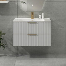 Royal Bathrooms Evora 800mm Matt White Fluted Wall Hung Bathroom Vanity Unit 2 Drawer Cabinet Storage With Ceramic Basin & Brushed Brass Handles