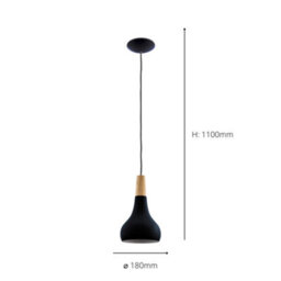 Eglo Sabinar Ip20 Black Steel And Wood Pendant Light - Scandinavian Design, E27 (D) 18Cm - thumbnail 3