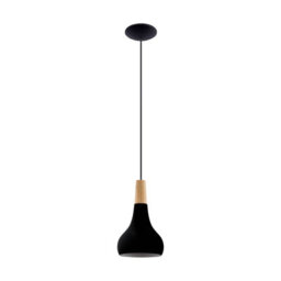 Eglo Sabinar Ip20 Black Steel And Wood Pendant Light - Scandinavian Design, E27 (D) 18Cm