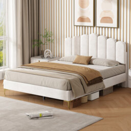 Abrihome Beige Velvet Double Bed With Scalloped Tufted Headboard, Gold Feet & Under-Bed Storage, No Mattress - thumbnail 1