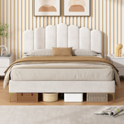 Abrihome Beige Velvet Double Bed With Scalloped Tufted Headboard, Gold Feet & Under-Bed Storage, No Mattress - thumbnail 7