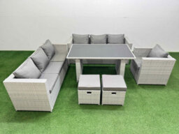 Fimous Patio Garden Furniture Sets With Black Glass Top Dining Table 3 Seater Sofa Armchair 2 Small Stool Light Grey - thumbnail 1