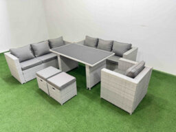 Fimous Patio Garden Furniture Sets With Black Glass Top Dining Table 3 Seater Sofa Armchair 2 Small Stool Light Grey - thumbnail 2