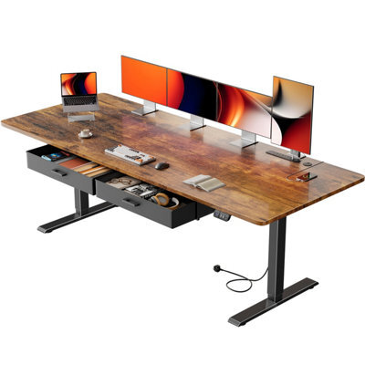 Electric Standing Desk With Power Outlets, 200 X 80 Cm Sit Stand Desk With 2 Drawers, Usb Ports,height Adjustable, Brown - image 1