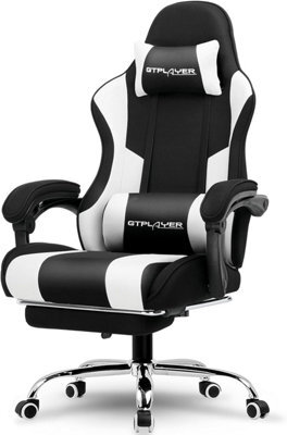 Gtplayer Fabric Gaming Chair With Footrest, Massage Ergonomic Computer Chairs Height Adjustable Heavy Duty Pc Chair, White - image 1