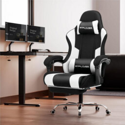 Gtplayer Fabric Gaming Chair With Footrest, Massage Ergonomic Computer Chairs Height Adjustable Heavy Duty Pc Chair, White - thumbnail 2