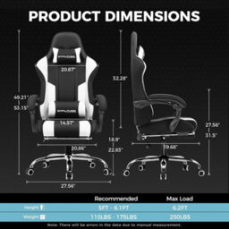 Gtplayer Fabric Gaming Chair With Footrest, Massage Ergonomic Computer Chairs Height Adjustable Heavy Duty Pc Chair, White - thumbnail 3