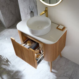 Homestylestore 800mm Oak Floorstanding Fluted Bathroom Vanity Unit And Round Basin - thumbnail 2