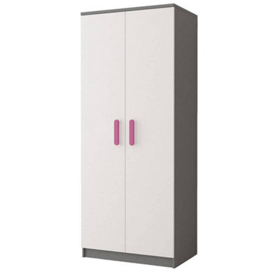 Arte Smyk Ii 06 White Front Grey Carcass Hinged Wardrobe 800mm H1930mm D500mm With Playful Pink Handles - image 1