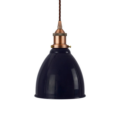 SE Home Navy Blue Classic Small Pantry Metal Painted Dome Pendant Light With Matt Antique Copper Lamp Holder And Brown Twisted Cable
